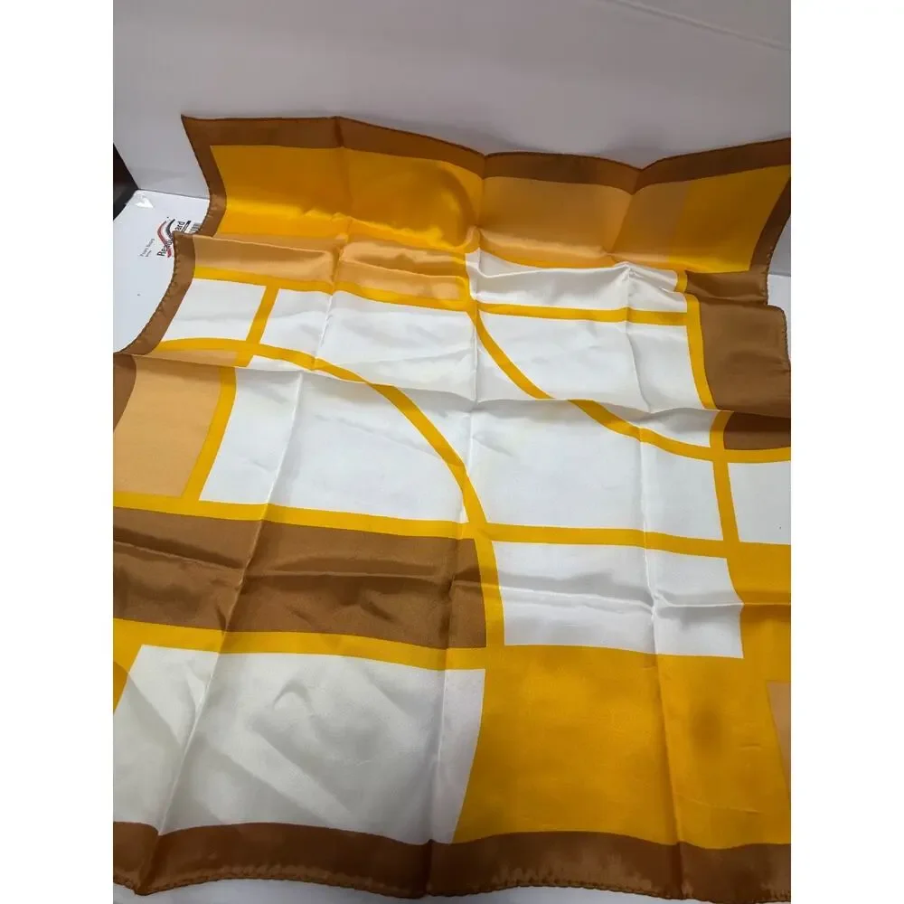 Colorblock Silk-Feel Square Scarf White Gold Brown Chic Minimalist Style 22.5